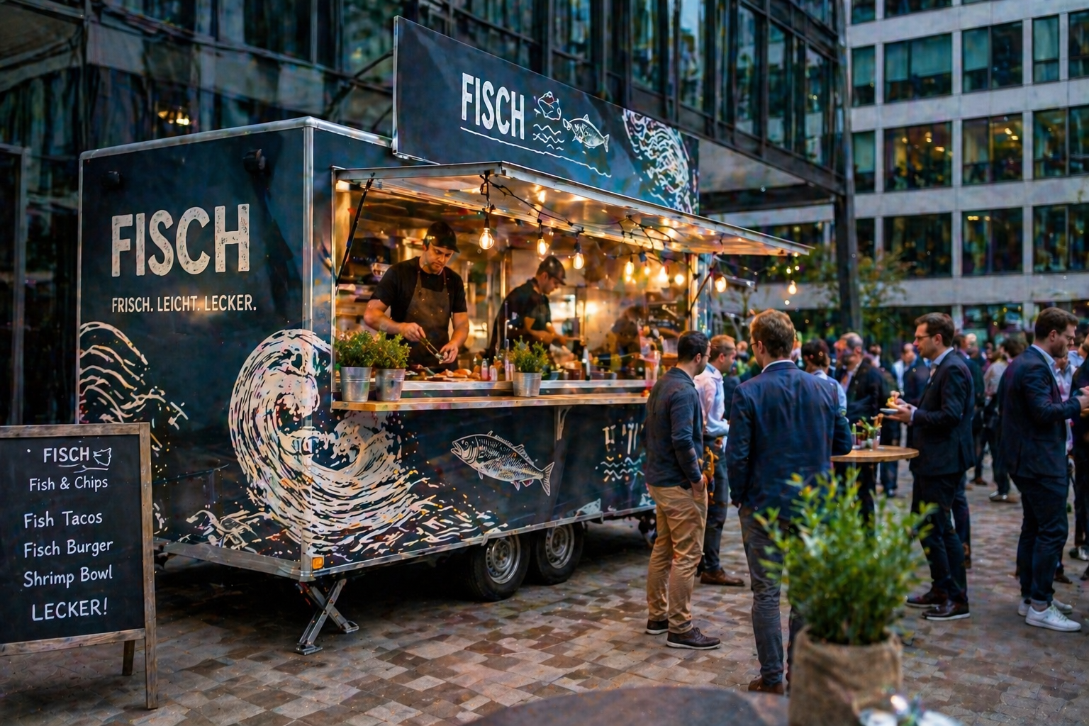 Außenansicht von Fisch-Foodtruck als Fischgerichte als mobiles Catering