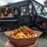erstelle ein Ansprechendes Bild mit Poke Bowl in Einwegschale Braun streetfood Stlye mit schwarem Foodtruck im Hintergrund (1)